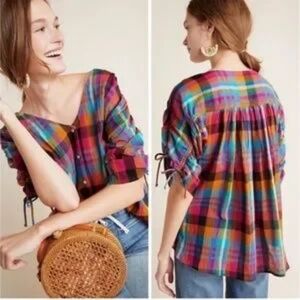 Anthropologie Maeve Amelia Button Down Short Sleeve Plaid Size Small